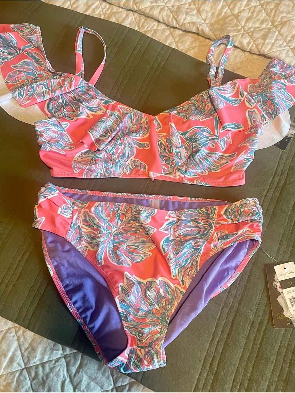 Marilyn Monroe Coral Pink Floral Ruffle Bikini Set with Purple Lining